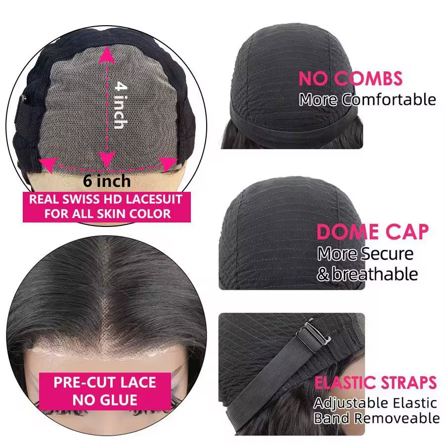  Glueless Wig Human Hair Body Wave 6X4 Lace Closure Glueless Wig Human Hair Ready to Wear Pre Cut Pre Plucked