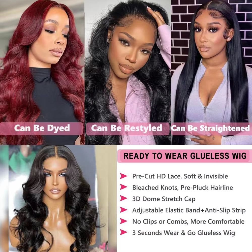  Glueless Wig Human Hair Body Wave 6X4 Lace Closure Glueless Wig Human Hair Ready to Wear Pre Cut Pre Plucked